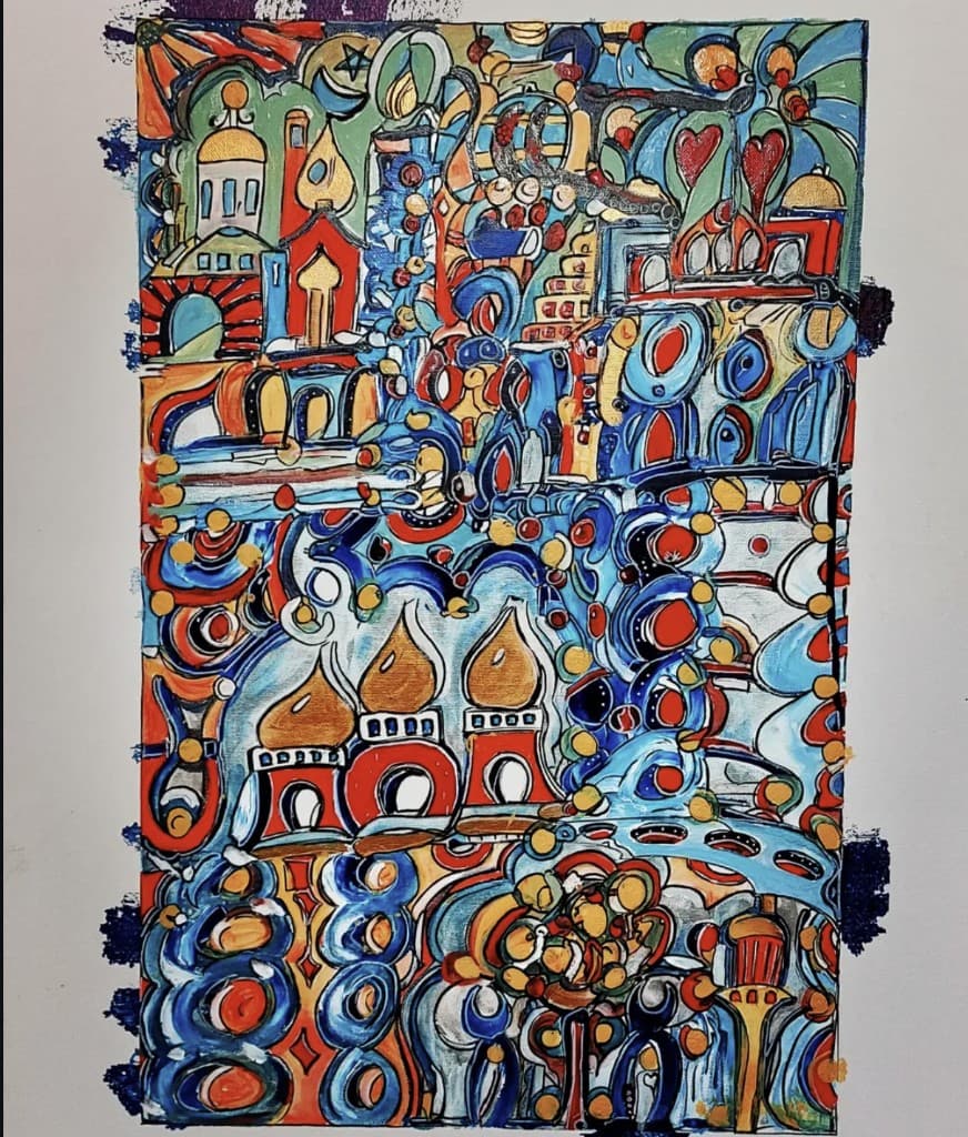 The Domes — a vibrant acrylic painting with golden domes, arches, crescents and deep blue and red fields